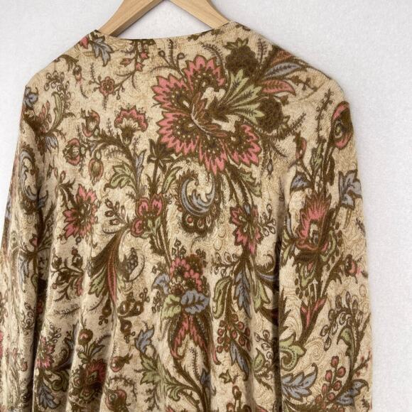 PECK & PECK Sweater XL Pure Cashmere Button Up Cardigan Floral Paisley Beige VTG - Picture 8 of 12